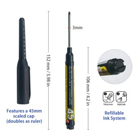 NORXUAZE 4 pcs black Long Nib Deep Hole Marker Pen - 45mm Extra-Length Tip for Precise Marking, Refillable Water-Resistant Construction Marker, Heavy-Duty Carpenter Pen for Woodworking & Plumbing