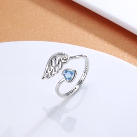 Birthstone Wing Rings Sterling Silver Adjustable Feather Heart Month Stone Wrap Ring Jewelry Gift for Women Girls Engrave Love you forever (Mar)