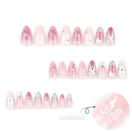 IMRAIN Almond Medium Press on Nails Pink Ombre Glue on Nails Glossy Gel Artificial False Nails with Silver Star Bow Designs Handmade Stick on Acrylic Y2K False Nails for Women Girls 24Pcs