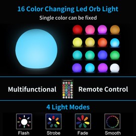 RKDTX LED Ball Light,4-Inch Cordless Orb Light with Remote,16 Color Changing Night Light for Kids,Rechargeable Mood Lamp,IP68 Waterproof for Home,Party,Pool,Christmas Decor