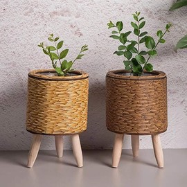 Rattan Style Plant Pot with Removable Legs - Color: Short round light brown