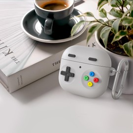 Delidigi for AirPods 4 Case Cover, Classic Handheld Game Console Design Silicone Protective Case with Cleaning Pen and Keychain for AirPods 4th Generation 2024 (Light Grey, AirPods 4th Gen)