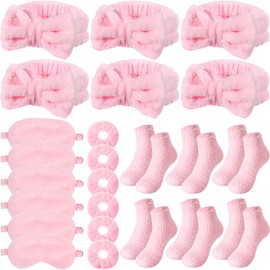 Shyyween 30 Pieces Spa Sleepover Party Supplies 6 Pink Bow Headband 6 Plush Sleep Eye Mask 6 Velvet Scrunchies 6 Pair fuzzy Sock for Slumber Party Spa Party Favors Gift