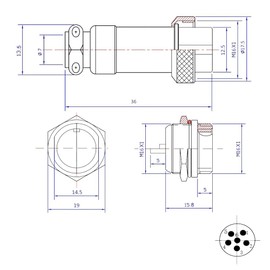 WITTKOWARE M16 Metal Connector Pair, Coupling/Flush-Mounted Plug, Screwable, Solder Connection, Strain Relief, 7A, 6-Pin