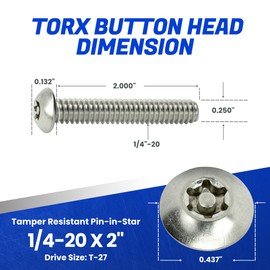 Fastenere Torx Security Machine Screws - 1/4-20 x 2" (10-Pack) Stainless Steel, Tamper-Resistant, Button Head Screws, Bolt Screw for Higher Level of Safety & Theft Prevention