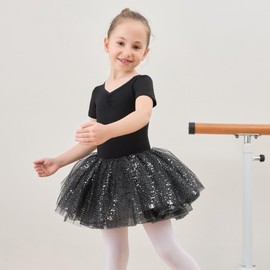 generic Ballet Leotards for Girls with Tulle Skirt Shiny Dance Leotards Tutu Ballet Dress Dance Gymnastic Outfit Ballerina Dress Black, 5-6 Years