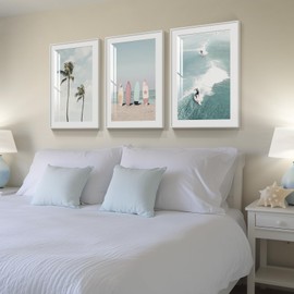 Framed Coastal Wall Art for Living Room, 3 Piece Beach Surfboard Palm Tree Artwork for Walls, Large Ocean Surfing Seascape Picture Prints, Beach Coastal Wall Decor for Bedroom Hallway Office, 16x24 In