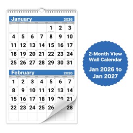 Dunwell 2026 2-Month Wall Calendar, Blue, Monthly Hanging Calendar with Large Bold Numbers, Easy to Read, Jan–Dec 2026, 11x17 Open, Ships Folded