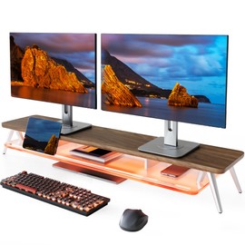 Fenge Dual Monitor Stand, 2 Tiers Acrylic Monitor Riser with LED Lights, 42.5 Inch Wood and Aluminum Desk Shelf with Phone and Tablet Holder