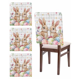 Easter Chair Covers Set of 4 Bunny Eggs Chair Slipcover Protector Removable Stretch Chair Covers Spring Floral Grey Buffalo Plaid Chair Back Covers for Dining Chairs Kitchen Dinner Holiday Party Decor