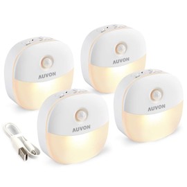 AUVON Rechargeable Battery Night Light, Mini with Motion Sensor, Warm White LED Stick-On Closet Light with Dusk to Dawn Sensor, Adjustable Brightness for Wall, Stairs, Hallway, Cabinet (4 Pack)