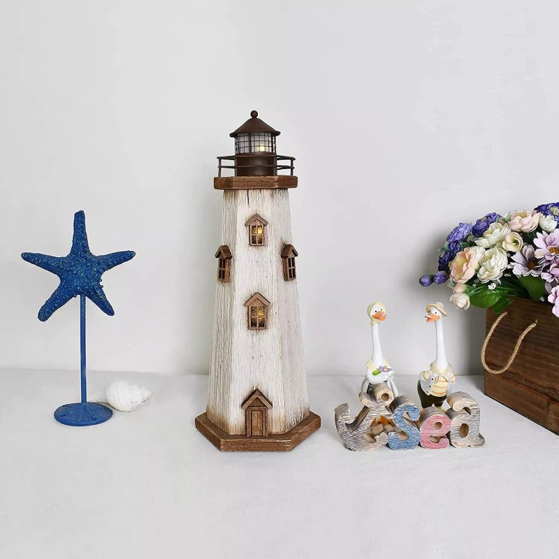 Eview Wood Lighthouse Decor with Light Decorative Beach Lighthouse Rustic