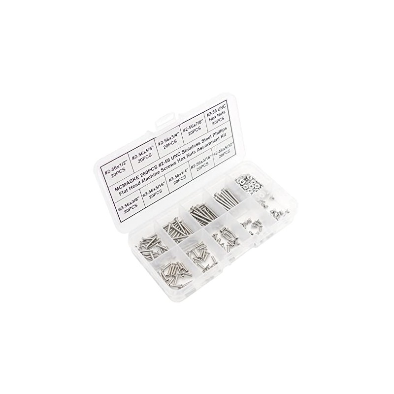 Juego surtido de 260 tornillos de cabeza plana Phillips #2-56