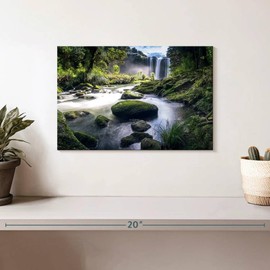 ElephantStock - Waterfall In Forest Wall Art - Horizontal Canvas Wall Art - Dining Room Wall Decor - Photography Nature Canvas Art - Brown And Green Decor - 12" x 8"