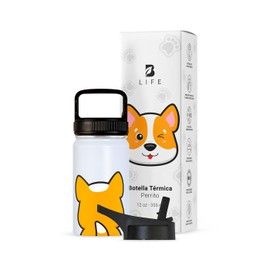 Botella de Agua para Niños Resistente con Popote y Asa, Termo de Perrito de 355 ml para Bebidas Frías y Calientes más Tiempo y Sin Fugas. Dog Kids Wat