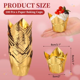 sourcing map 100 Pcs Tulip Cupcake Liners, Muffins Liners Aluminum Foil Cupcake Wrappers Baking Cups Muffins Liners for Wedding Birthday Party Supplies, Gold