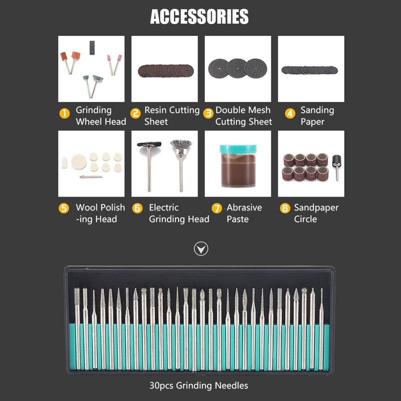 Micro Mini Electric Hand Drill 0.3-4mm Adjustable with 145pcs Accessories