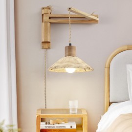 Wood Plug in Wall Sconces, Swing Arm Wall Lamp with Dimmable On Off Switch, Vintage Wall Mounted Light Fixture with Cord for Bedroom Nightstand Bedside Reading Lamp - Bulb Included