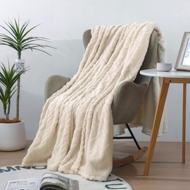 VANJOROY Fleece Blanket Large Throw for Sofa and Bed,400 GSM Lightweight Blanket, 100% Microfiber Fuzzy Soft Warm Cozy Fluffy Wool Throw for Chair,Couch,Travel.. (127×152cm, Beige White)