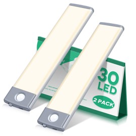 Led Under Cabinet Lighting Motion Sensor Under Counter Light with 1000mah Rechargeable Battery, 30 LEDs Wireless Cabinet Lighting for Kitchen, Drawer, Warm White 2Pack