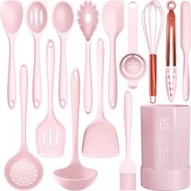 Silicone Cooking Utensils Set - 446°F Heat Resistant Kitchen Utensils,Turner Tongs,Spatula,Spoon,Brush,Whisk,Kitchen Utensil Gadgets Tools Set for Nonstick Cookware,Dishwasher Safe Pink (BPA Free)