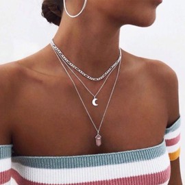 TseenYi Moonstone Pendant Necklace Choker Layering Silver Crescent Moon Necklaces Boho Collar Necklaces Jewelry for Women and Girls