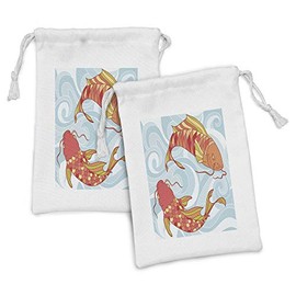 Lunarable Koi Fish Fabric Pouch Set of 2, Hand Drawn Colorful Koi and Swirled Sea Waves Japanese Oriental Art Design, Small Drawstring Bag for Toiletries Masks and Favors, 9" x 6", Blue Orange