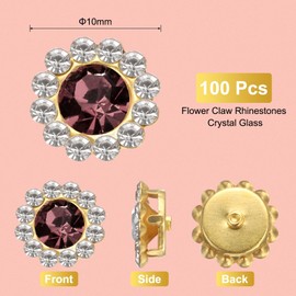 sourcing map 100pcs Sew on Rhinestones, 10mm Flower Claw Rhinestones Crystal Glass Metal Base Sewing Gems Buttons for Sewing Accessories Clothes Shoes Earring Belt Crafts, Dark Purple