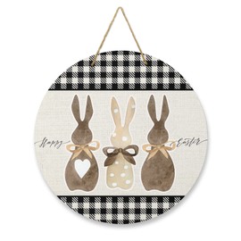 Seasonal Front Door Welcome Sign, Happy Easter Bunny Rabbit Black White Buffalo Plaid Round Wood Wreaths Wall Hanging Sign for Outdoor Porch Wall Pediments Home Decor