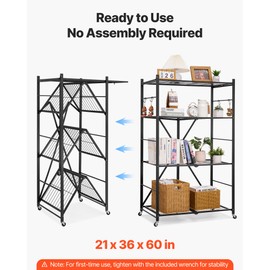 VEVOR 4-Tier Foldable Storage Shelf, 36W x 21D x 60H Inch Folding Metal Rack Shelving Unit, No Assembly Organizer Shelf with 5 Wheels & 4 Hooks for Pantry, Kitchen, Garage, Basement, Black