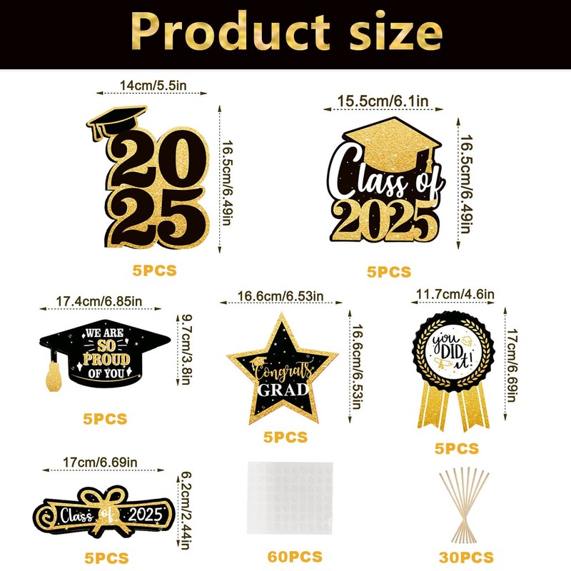Nialnant 30 Pack Graduation Decorations 2025 Black Gold Graduation Centerpieces