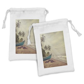 Lunarable Vintage Hawaii Fabric Pouch Set of 2, Old Boat and Dirty Tires Stranded on Beach with Calm Sea Clouds, Small Drawstring Bag for Toiletries Masks and Favors, 9" x 6", Teal Pale Brown Green