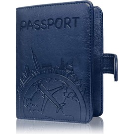 Passport Holder Leather Travel Wallet - RFID Blocking Passport Cover with Magnetic Button for Women Men (Blue-Map)