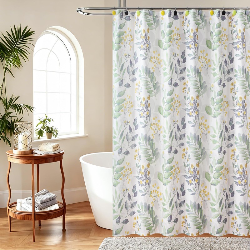 DS BATH Sage Fabric Shower Curtain, Boho Green Yellow Floral