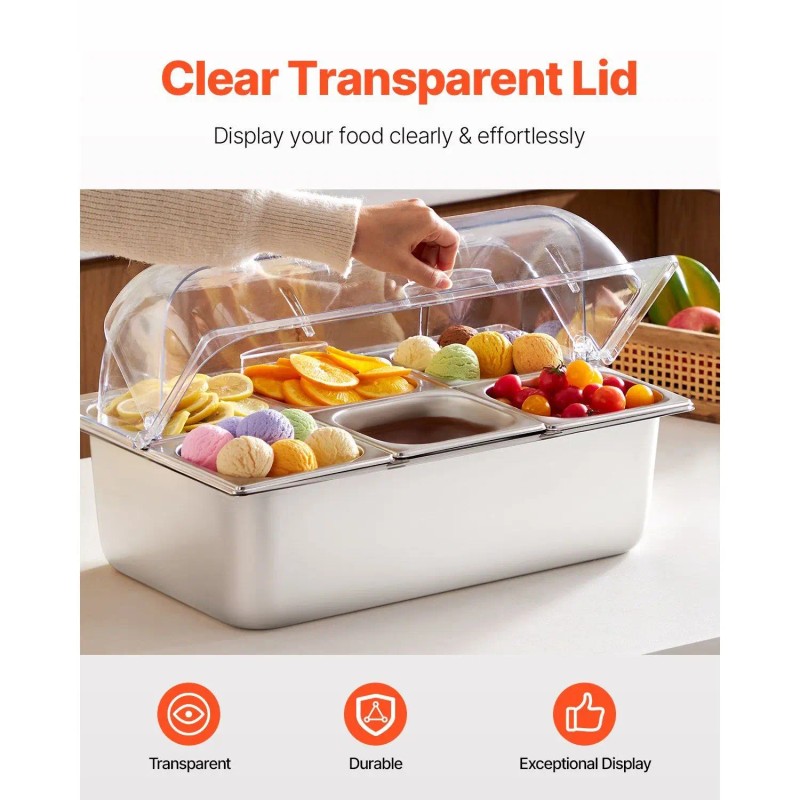 Stainless Steel 6 Pan Countertop Food Serving Tray With Clear