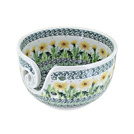 Blue Rose Polish Pottery - Yellow Dandelion Yarn Bowl - 6.75" Diameter - Ceramic Knitting & Crochet Bowl with Cutout for Yarn