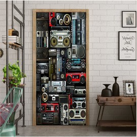 artfanke 3D Vintage Radio Boombox of The 80s Door Sticker Self-Adhesive Wallpaper Waterproof Door Mural Decal for Bedroom Home Office Decor 33.5"x84.6"(2 Sheets/Set)