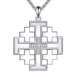 Lattd Jerusalem Cross necklace 925 Sterling Silver Jerusalem Cross Pendant Christian Jewelry for Men, w/Stainless Steel Chain 22”+2”