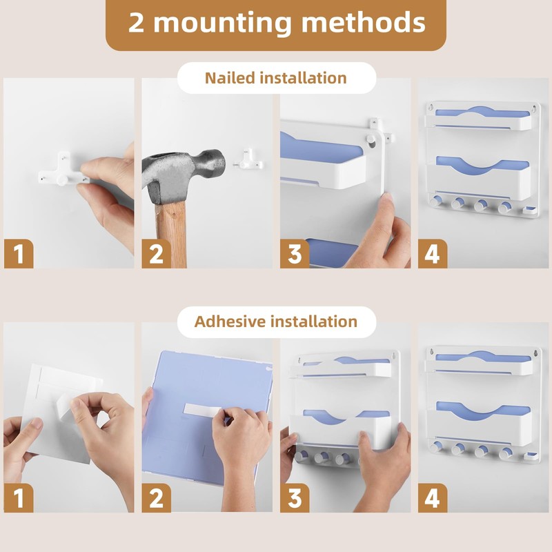 JUMEIHUI Bedside Wall Organizer with 4 Hooks,Adhesive Bedside Shelf Wall