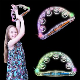 The Dreidel Company Flashing Tambourines Hand Held, 9" Inch Tambourine Flashes in Assorted Colors, Ring Metal Jingles Percussion Musical Educational Hand Instrument, Party Kids Games (Single-Pack)