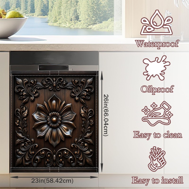 Dark Black Wooden Flowers Dishwasher Magnet Cover for Kitchen Décor