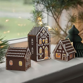 Pack of 3 Christmas Village with Lighting, Christmas House, Christmas Decoration House, Wooden House, Christmas Decoration, Indoor Mini Christmas Town, Outdoor Garden, Christmas Village (Coffee Colour