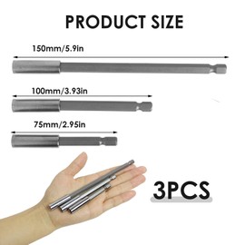 3 Pieces 6.35 mm Hex Shank Magnetic Drill Extension Holder Set, Drill Extension Rod, Extension Magnetic Drill Holder, 75 mm, 100 mm, 150 mm, for DIY and Professionals