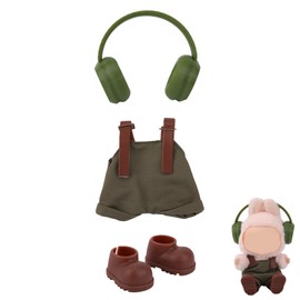 Tinoaly 17cm Doll Clothes Set, Fashionable Plush Doll Outfits Includes Overalls Shoes & Headphones Cute Accessories for 15cm & 17cm Toy Figure Decoration (Green)