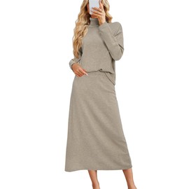Arach&Cloz Womens Fall Fashion 2024 2 Piece Sweater Dress Sets High Neck Long Sleeve Lightweight Tops Long Maxi Bodycon Skirt Casual Winter Outfits (Light brown-XL)