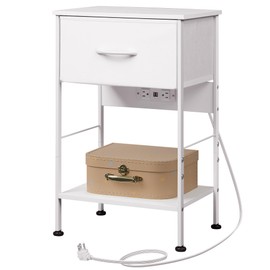 WLIVE Nightstand with Charging Station, 25" H Nightstand with 1 Fabric Drawer and Open Wood Shelf, Bed Side Table for Bedroom, 2-Tier Storage End Table, Small Dresser for Dorm, Entryway, White