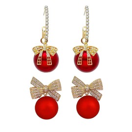 Pearl Bow Earrings Christmas Bow Earrings for Women Rhinestone Bow Earrings Red Pearl Drop Earrings Xmas Ball Earrings for Women New Year Christmas Gifts (Red Christmas earrings)