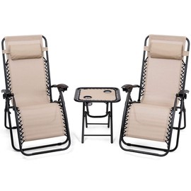 UJOYPAYD 3 Pcs Zero Gravity Chair Set, Adjustable & Folding Reclining Chaise Lounge Chair w/Removable Headrest, Portable Recliner Lounge Table Chairs Set with Side Table (Beige)