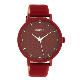 Oozoo Women's Watch with Leather Strap Color Line with Floral Pattern in Dial 45 mm, C10656 - Red/Red, Strap.