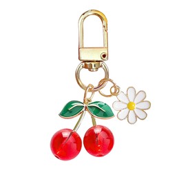 Cute Cherry Keychain Bag Charm for Women, Kawaii Cherry Daisy Flower Purse Charm for Girls, Fruit Key Chains Accessories (Red)